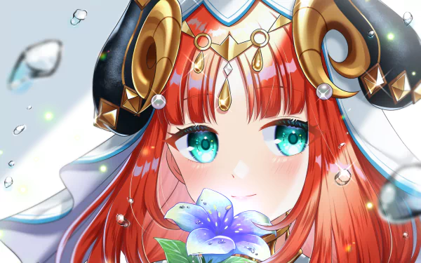 Close-up HD PC wallpaper of Nilou from Genshin Impact: red-haired, teal-eyed with an ornate gold horned headpiece, holding a blue flower amid glistening water droplets.