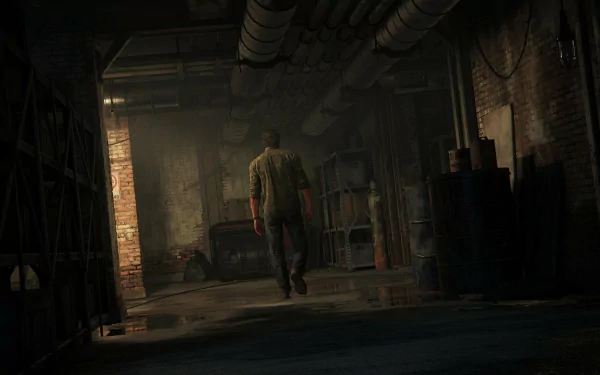 HD PC desktop wallpaper of Joel from the video game The Last of Us Part I, walking down a dim industrial corridor in a grim, rain‑slick post‑apocalyptic setting.
