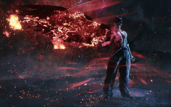 Devil Jin from Tekken 8 unleashes a fiery energy attack in this dynamic 4K Ultra HD PC desktop wallpaper and background.