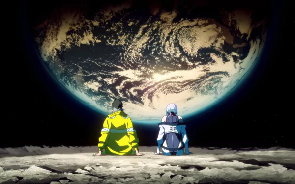 HD wallpaper from Cyberpunk: Edgerunners featuring anime characters Lucy and David sitting together, gazing at Earth from a lunar surface background.