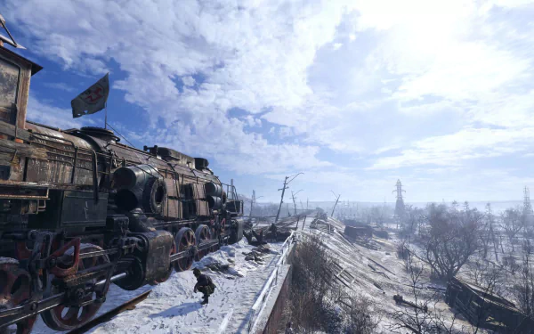 Metro Exodus video game 2K Quad HD PC desktop wallpaper and background: a rusted train perched on snowy tracks overlooking a frozen, desolate winter landscape under a bright sky.