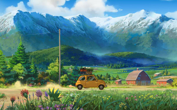 HD anime landscape desktop wallpaper depicting a scenic countryside with a yellow car driving past colorful wildflowers, lush fields, and snow-capped mountains under a bright blue sky.