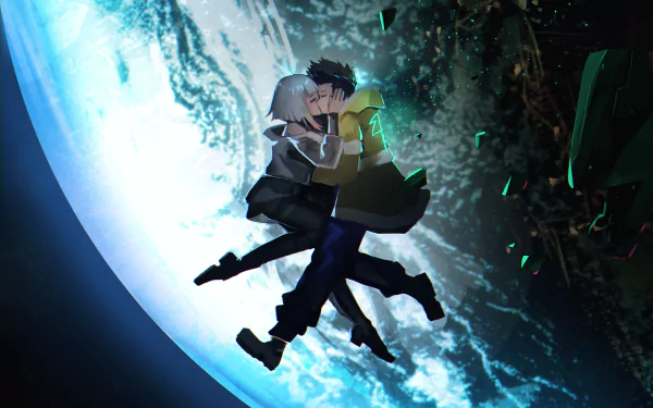 HD PC desktop wallpaper featuring David and Lucy from the anime Cyberpunk: Edgerunners, set against a glowing Earth backdrop in a dynamic, futuristic scene.