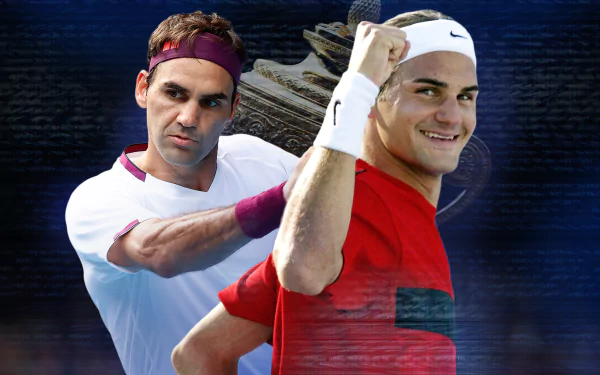 Swiss tennis legend Roger Federer in action, a striking HD desktop wallpaper with a dynamic sports background.