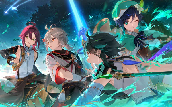 HD PC desktop wallpaper featuring Kaedehara Kazuha, Shikanoin Heizou, Xiao, and Venti from the video game Genshin Impact in dynamic action poses.