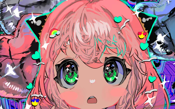 Vibrant 4K Ultra HD anime wallpaper featuring Anya Forger from Spy x Family with expressive green eyes and colorful, whimsical background details.