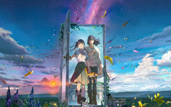 HD desktop wallpaper featuring anime characters Souta Munakata and Suzume Iwato from Suzume no Tojimari standing together in front of an open door with a vibrant sky and picturesque landscape in the background.