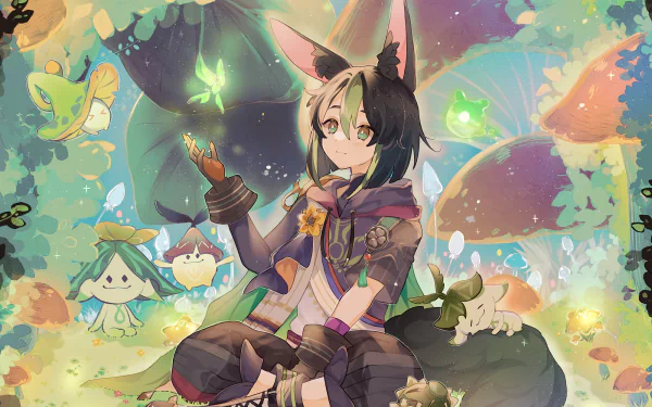 HD PC desktop wallpaper featuring Tighnari from Genshin Impact surrounded by glowing Aranara and vibrant forest elements.