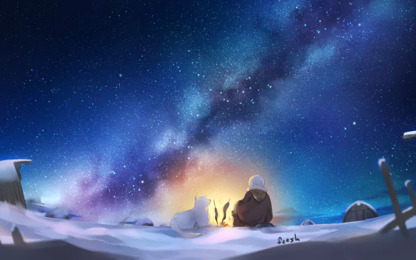 HD PC desktop wallpaper featuring an anime scene from To Your Eternity, showing a character and a white wolf sitting under a starry, vibrant night sky.