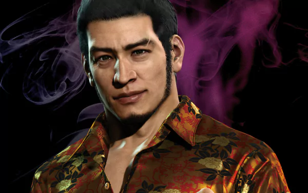 HD PC desktop wallpaper featuring a close-up of a character from the video game Judgment, set against a dark smoky background with purple and black hues.