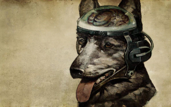 HD PC desktop wallpaper of Rex, the cyberdog from the video game Fallout: New Vegas, featuring a detailed portrait with a worn, textured background.
