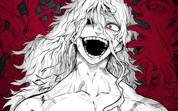 HD anime desktop wallpaper featuring Tomura Shigaraki from My Hero Academia with a striking black, white, and red color palette and eerie, intense expression.