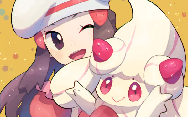 Alcremie and Dawn from Pokémon: Sword and Shield in a vibrant HD desktop wallpaper setting.