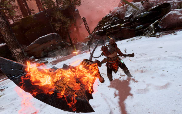 Kratos wields the flaming Blades of Chaos in a snowy, rocky landscape from God of War (2018) in this HD PC desktop wallpaper.