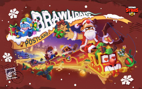 HD PC desktop wallpaper featuring a festive Brawl Stars scene with characters in holiday attire and the Brawlidays postcard banner in a vibrant video game style.