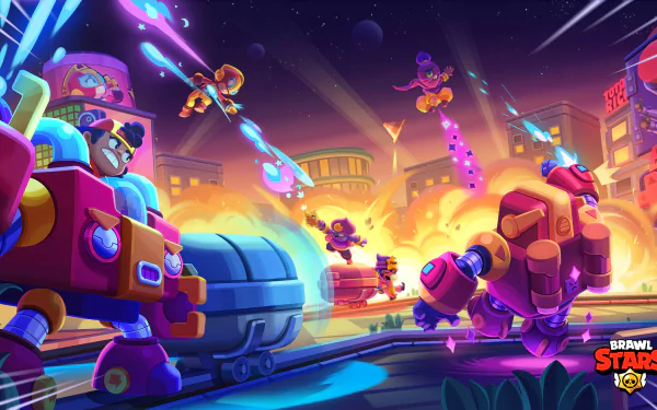 HD PC desktop wallpaper featuring vibrant characters and action from the video game Brawl Stars set in a dynamic, futuristic urban battlefield.