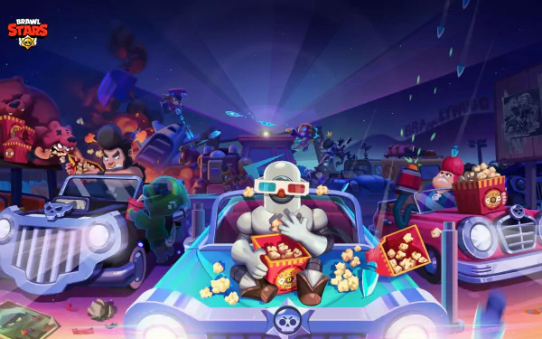 HD PC desktop wallpaper featuring vibrant characters from the video game Brawl Stars enjoying popcorn inside colorful cars in a lively, animated scene.