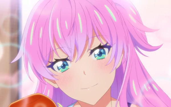 HD PC desktop wallpaper: close-up anime portrait of Akari Watanabe with pink hair and teal eyes, soft smile; from More Than a Married Couple, But Not Lovers.