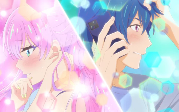 HD anime desktop wallpaper featuring Akari Watanabe and Jirou Yakuin from More Than a Married Couple, But Not Lovers, shown in a vibrant, colorful split-screen composition.