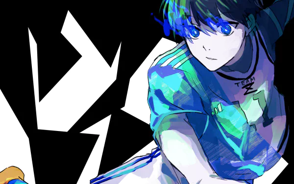HD anime wallpaper featuring Isagi Yoichi from Blue Lock, depicted with blue-toned shading and dynamic pose against a bold black and white geometric background.