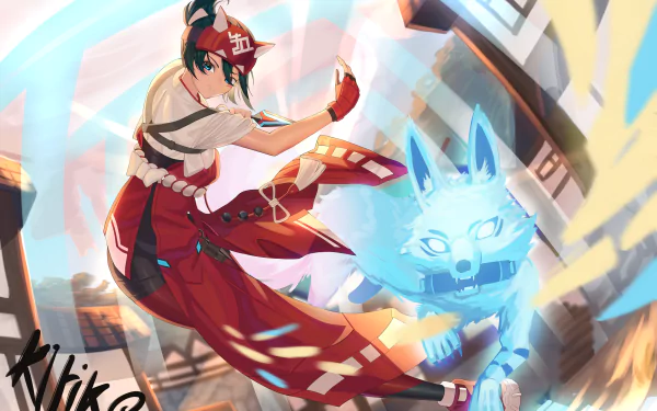 HD PC desktop wallpaper featuring Kiriko from Overwatch 2, showcasing dynamic action with vibrant colors and a glowing blue fox spirit companion.