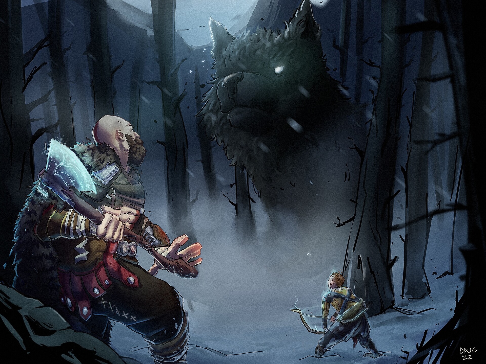 Kratos & Atreus fighting a giant wolf by Doğan Güneş