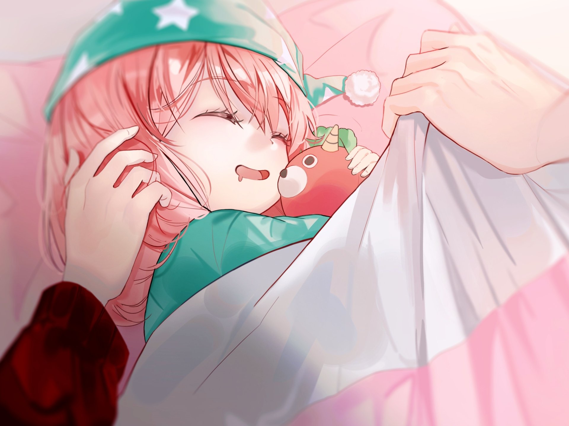HD PC desktop wallpaper featuring Anya Forger from Spy x Family, peacefully sleeping with a small tomato plush, set in soft pastel anime style.