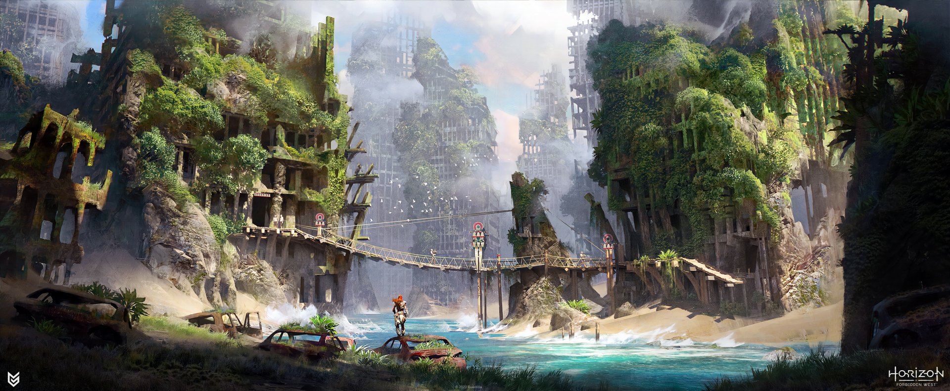 Horizon Forbidden West scene: Aloy on a sunlit beach before overgrown, crumbling skyscrapers and a rope bridge — 2K Quad HD PC desktop wallpaper/background.