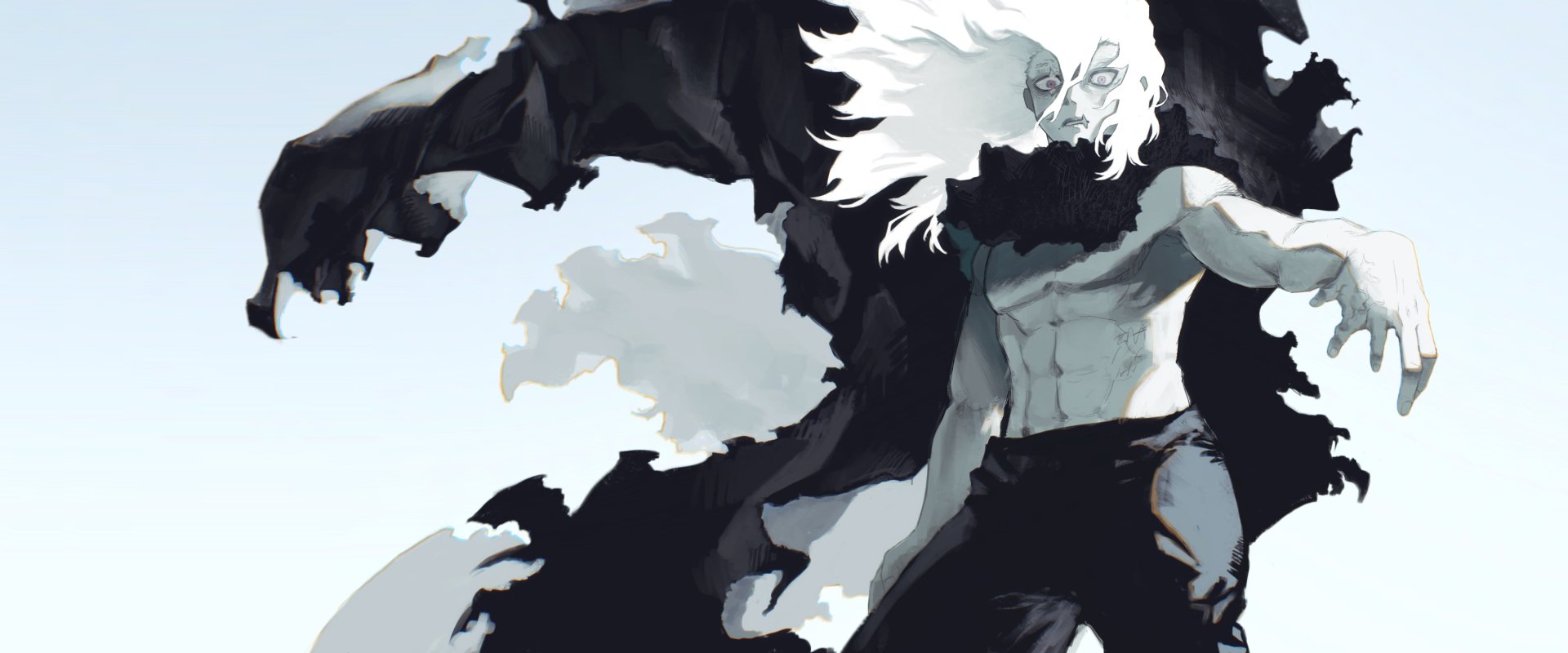 HD PC desktop wallpaper featuring Tomura Shigaraki from the anime My Hero Academia, depicted with a dynamic pose and striking monochrome shading.