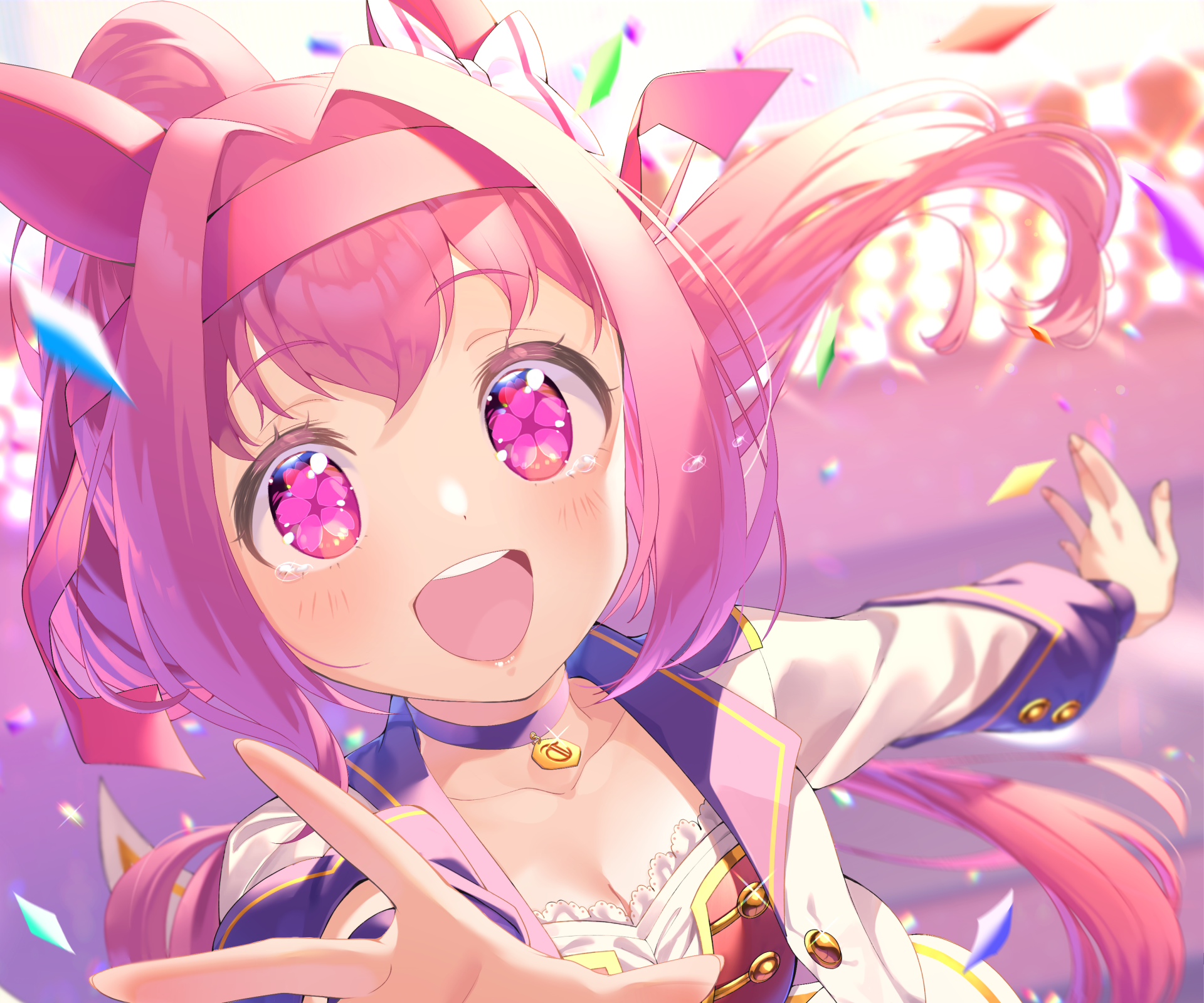 Haru Urara from Uma Musume: Pretty Derby in a 2K Quad HD PC desktop wallpaper — close-up of a pink‑haired, sparkling‑eyed anime girl smiling and reaching out amid glowing, colorful bokeh.