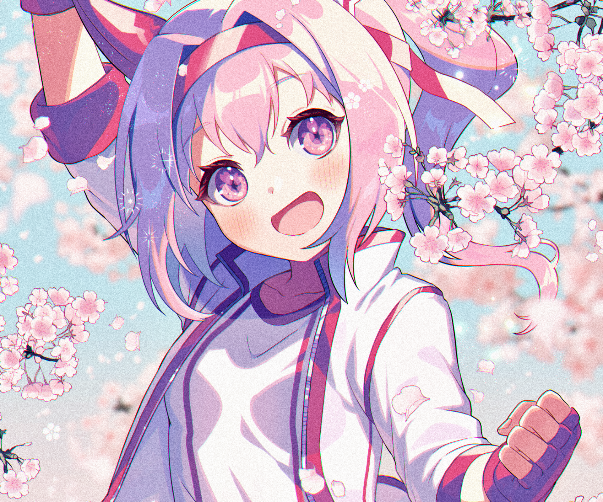 HD PC desktop wallpaper background featuring Haru Urara from Uma Musume: Pretty Derby — smiling anime girl in a sporty jacket among pink cherry blossoms.