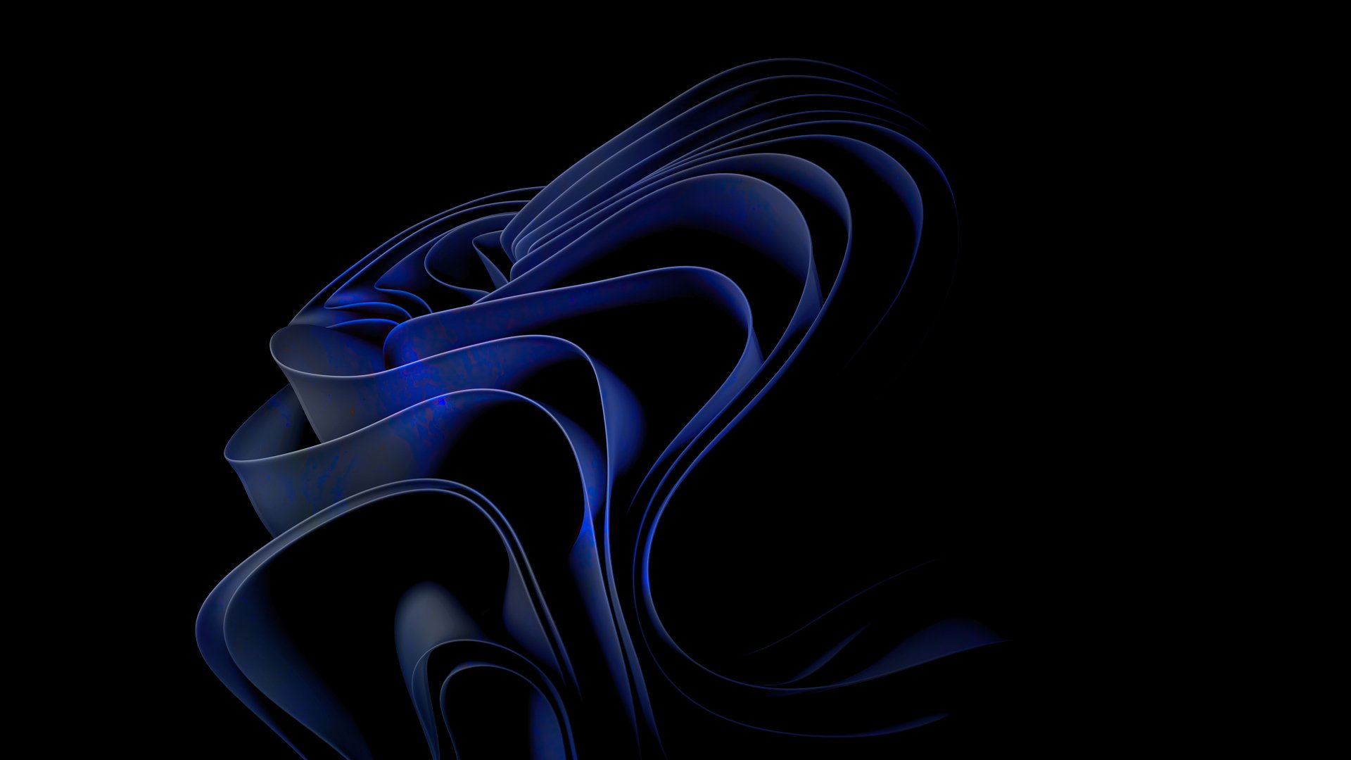 A sleek 4K Ultra HD wallpaper featuring flowing blue shapes against a black background, showcasing the modern aesthetics of Windows 11 technology.