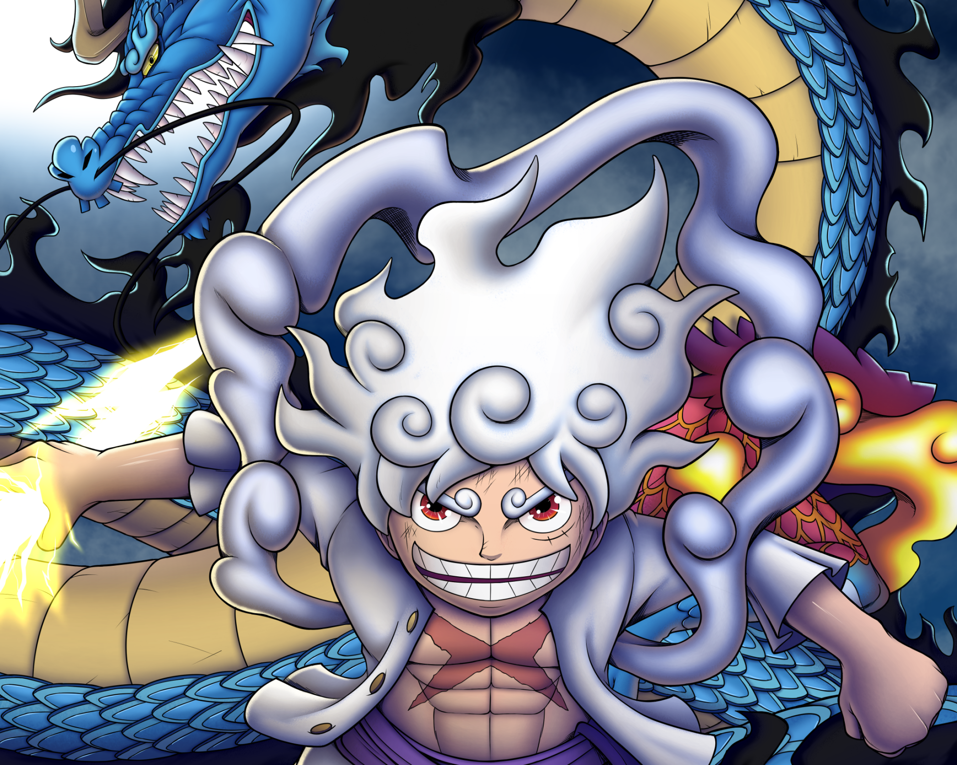 HD PC wallpaper: Monkey D. Luffy in Gear 5 grins with cloud-like white hair and fiery aura as Kaido's blue dragon coils behind him — One Piece anime Luffy vs Kaido battle scene.
