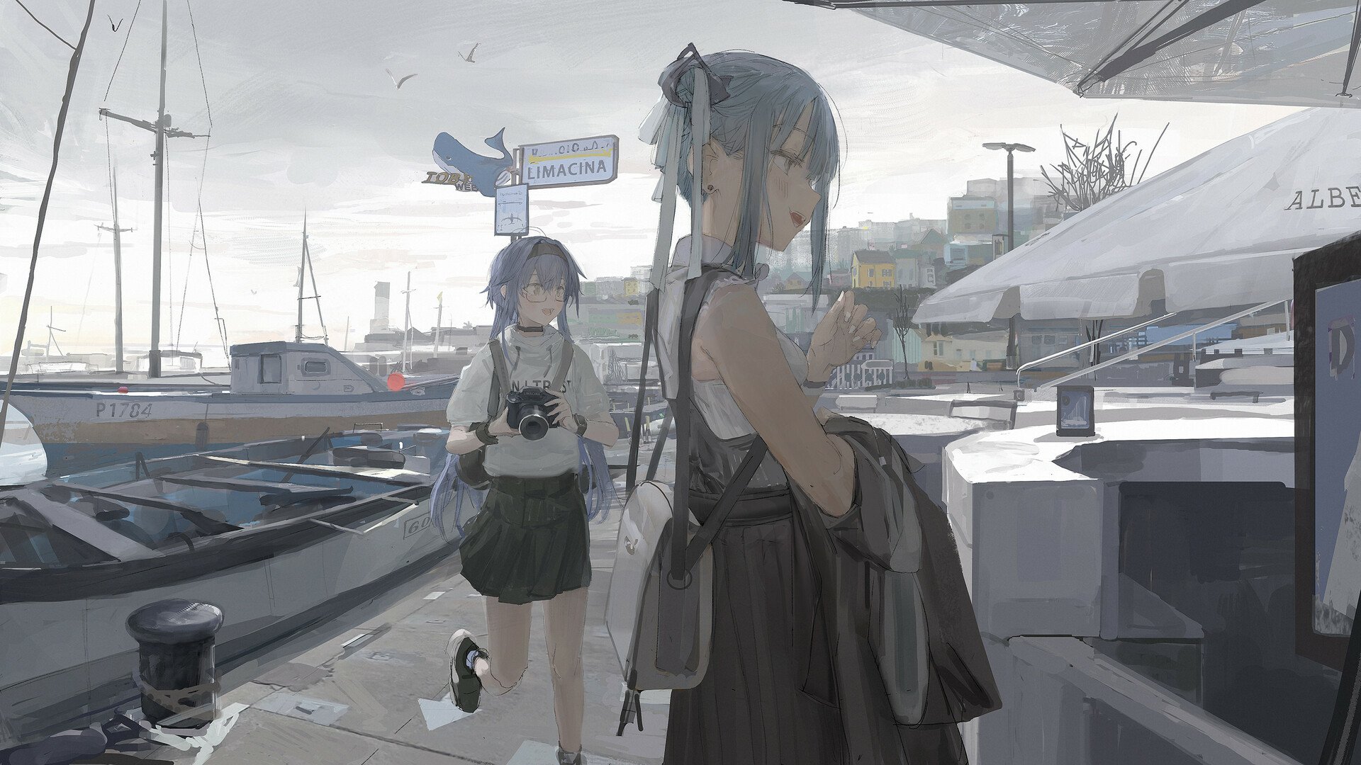 HD anime desktop wallpaper featuring two anime girls standing by a harbor with boats and buildings in the background under a cloudy sky.