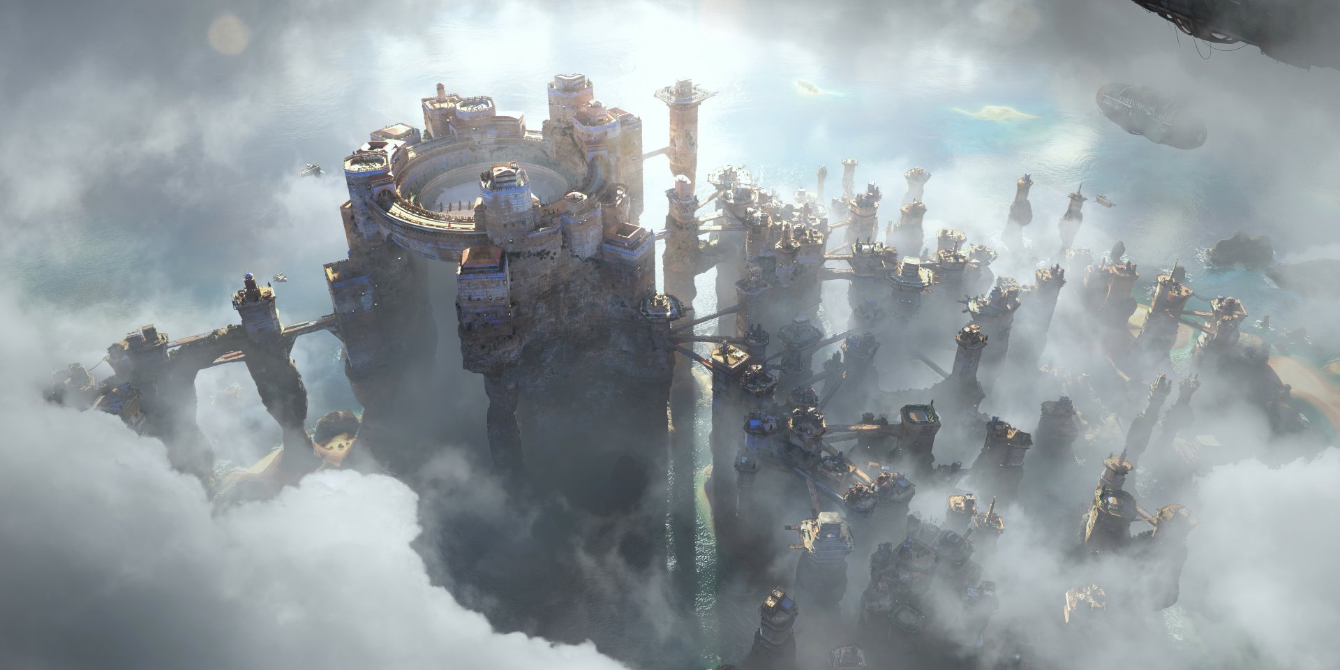 HD fantasy cityscape floating above clouds, featuring towering, ancient structures and bridges, designed as a vivid PC desktop wallpaper and background.