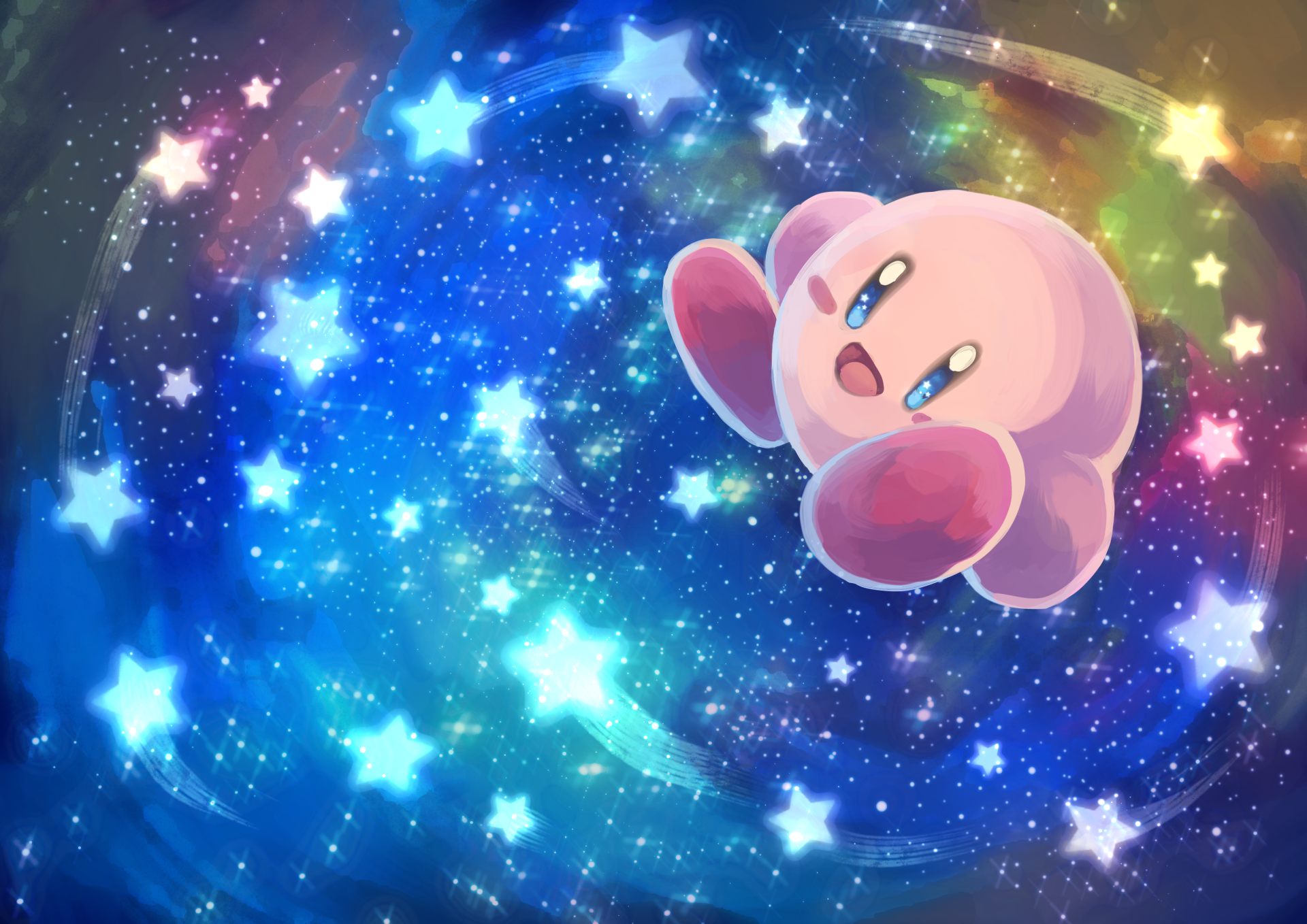 HD PC desktop wallpaper featuring Kirby from the video game series floating joyfully in a vibrant, star-filled cosmic background.