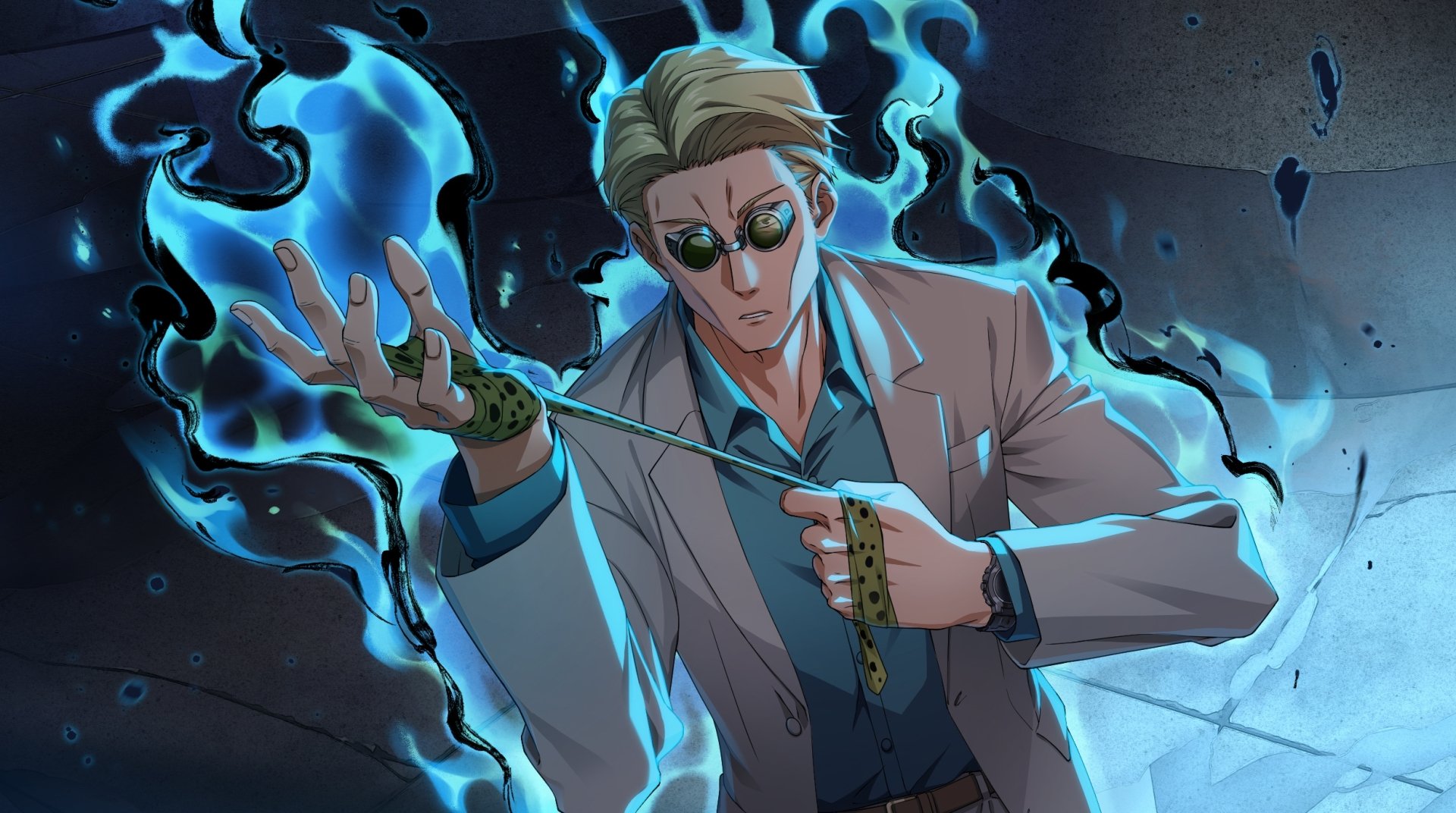 HD anime desktop wallpaper featuring Kento Nanami from Jujutsu Kaisen, depicted with glowing blue energy and his signature business attire and glasses.