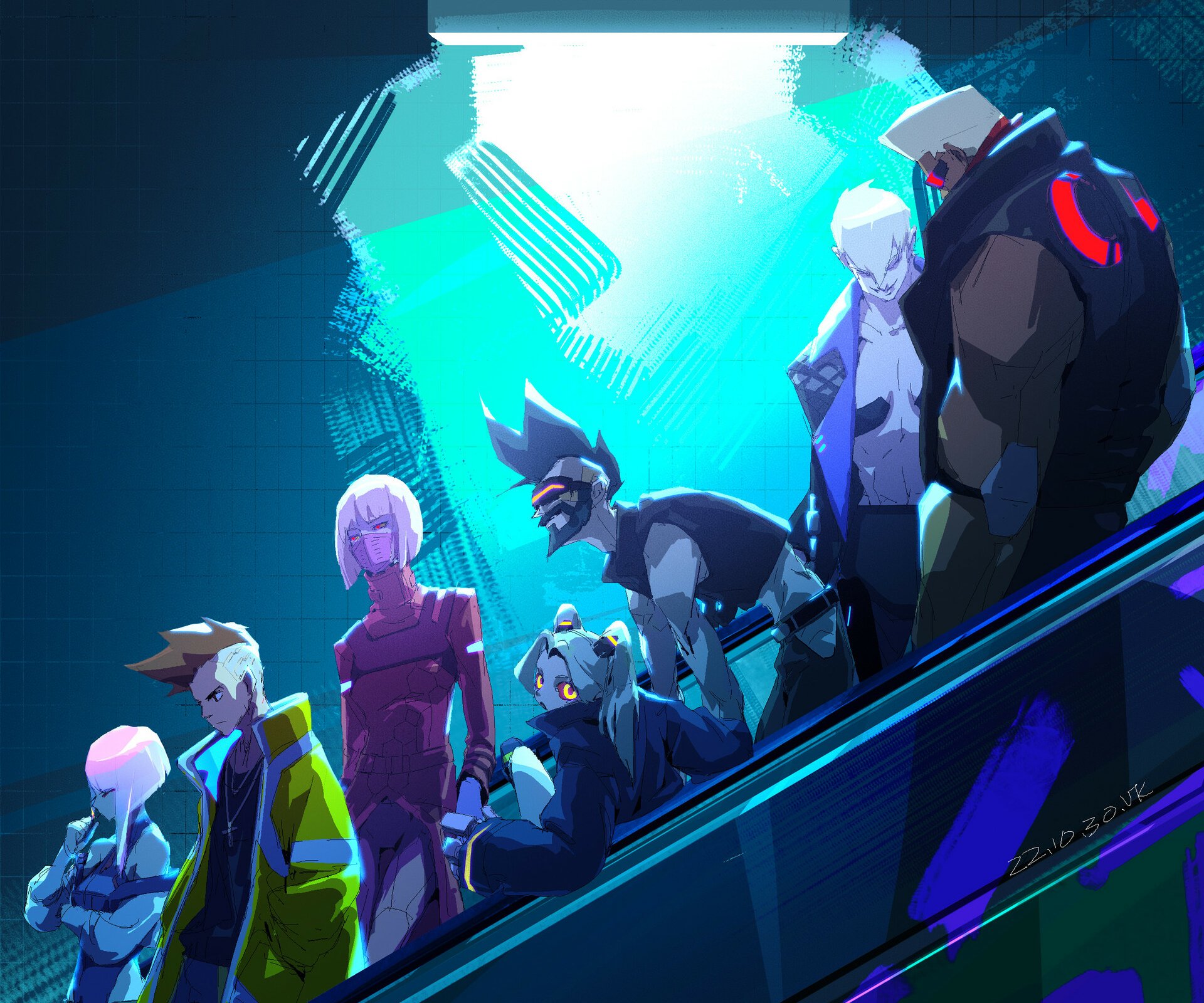 Anime-style HD PC desktop wallpaper featuring characters from Cyberpunk: Edgerunners in a neon-lit futuristic cityscape.