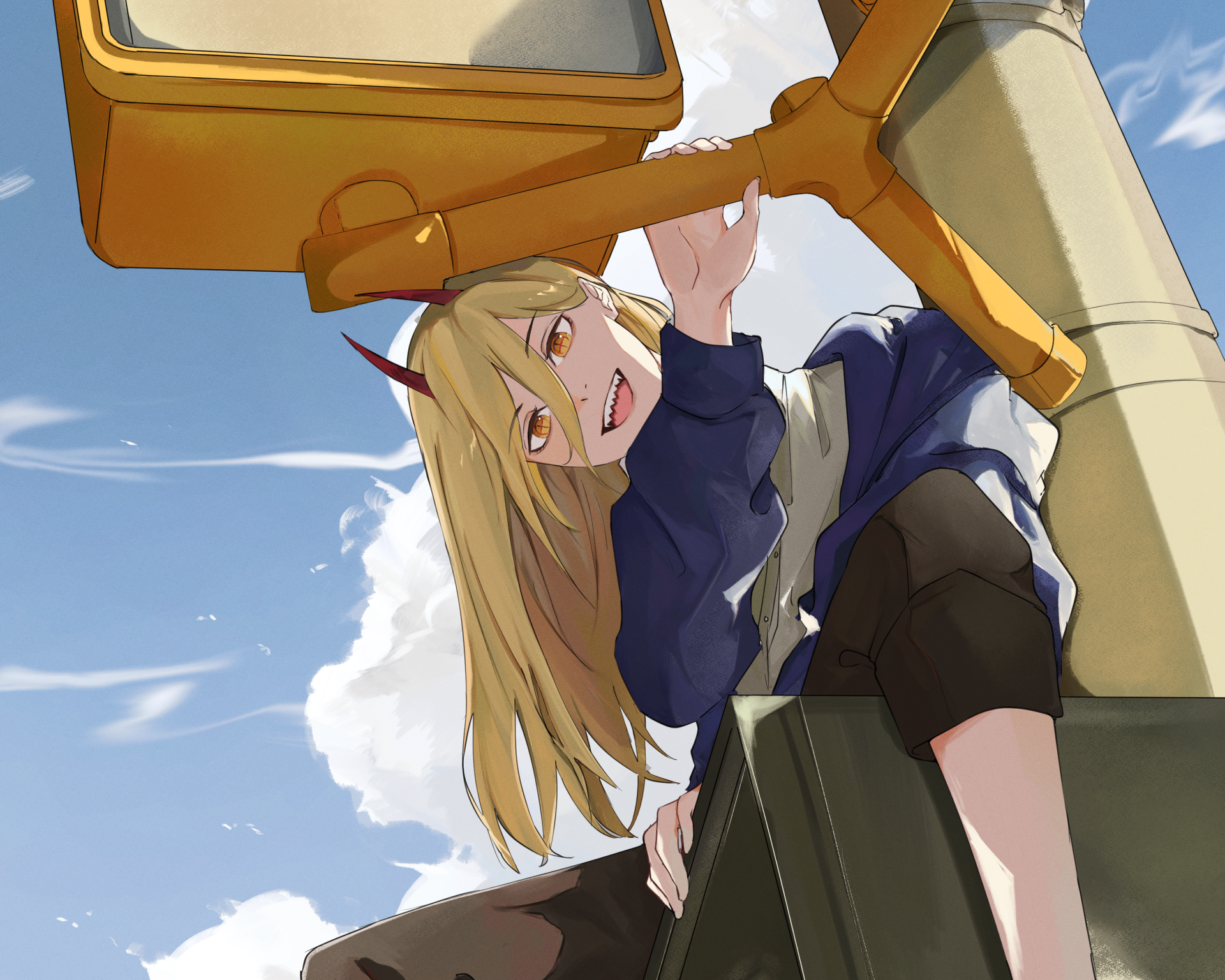 HD PC desktop wallpaper featuring Power from Chainsaw Man anime, depicted with dynamic perspective against a bright blue sky background.