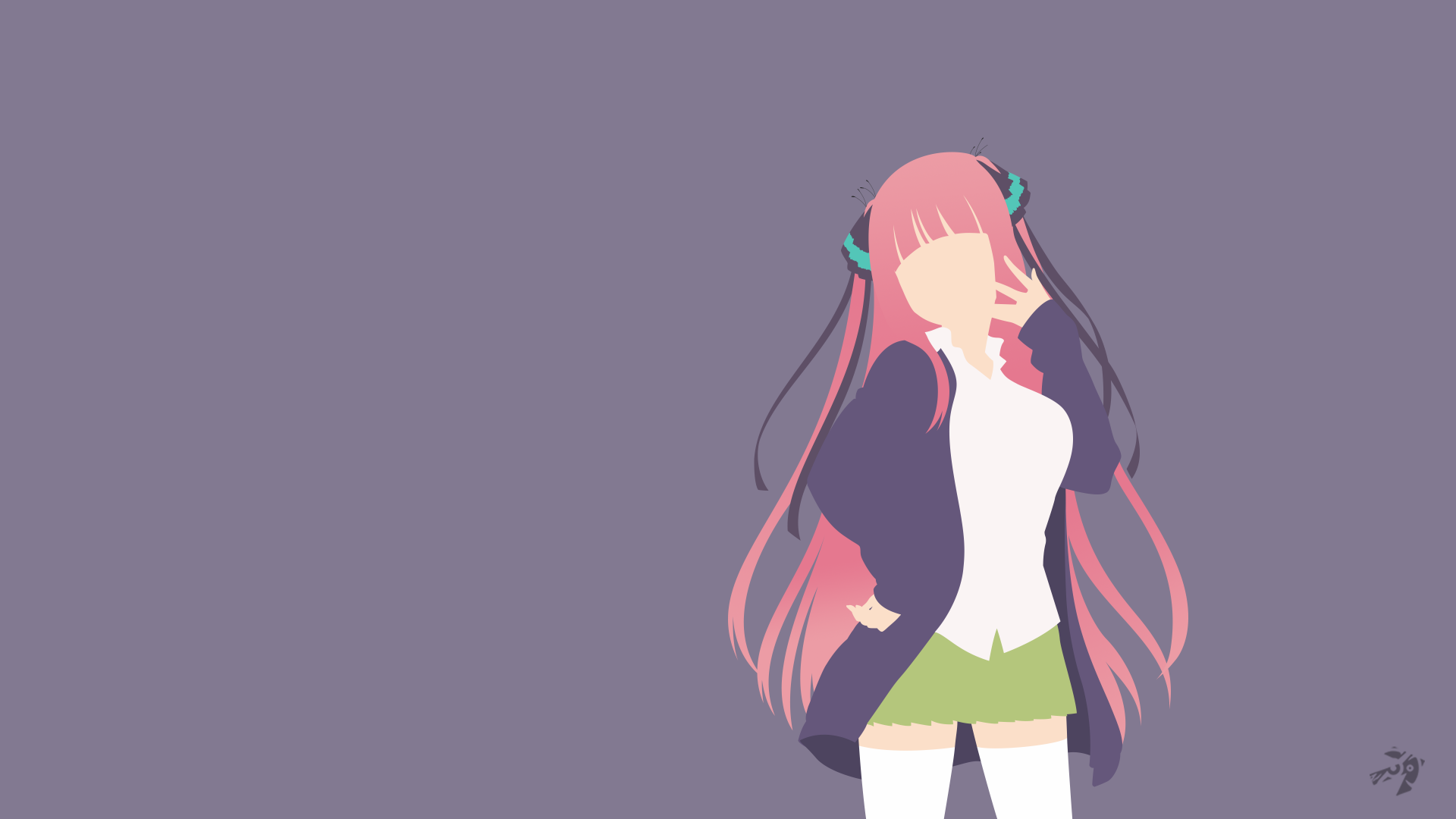 4K Ultra HD PC desktop wallpaper of Nino Nakano from The Quintessential Quintuplets — minimalist anime silhouette with long pink hair and school uniform on a muted purple background.