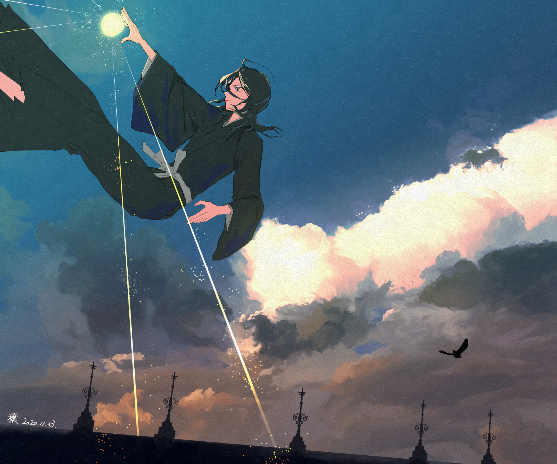 Rukia Kuchiki from Bleach captured in dynamic mid-air pose against a vibrant sky, featured in a 4K Ultra HD anime desktop wallpaper background.