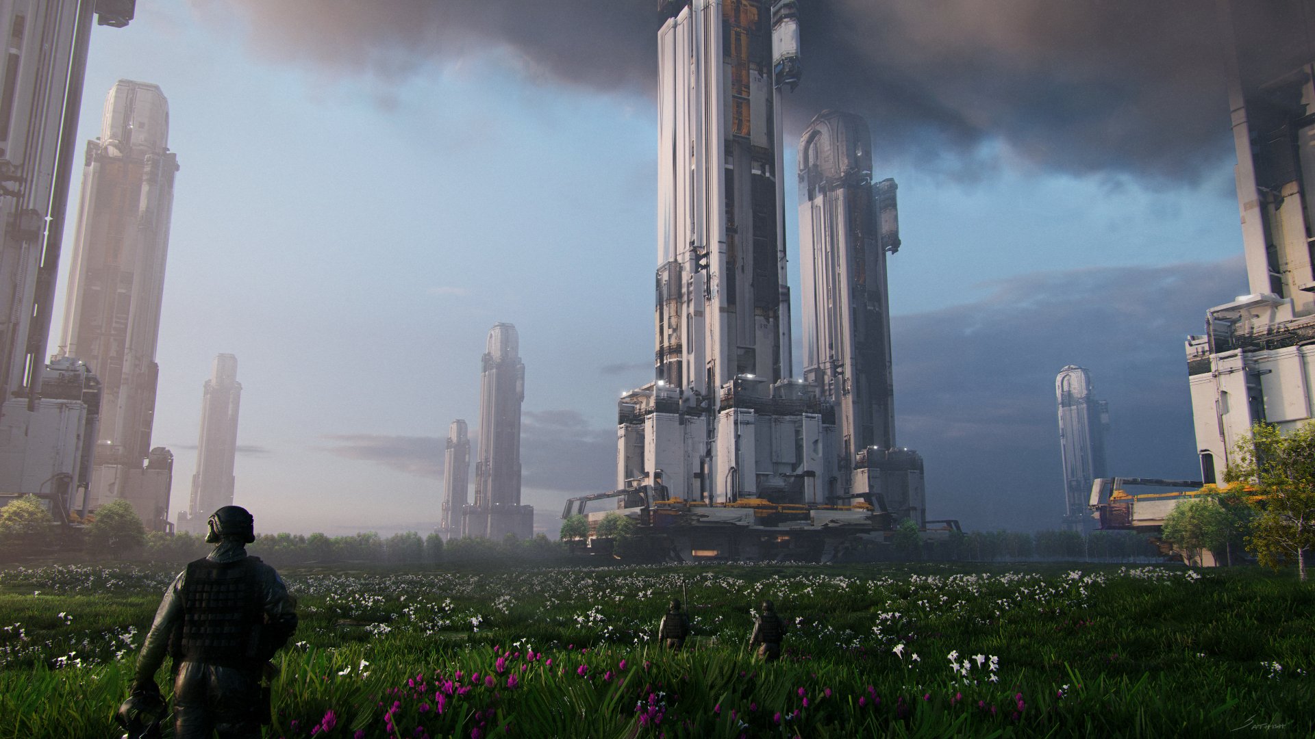 Sci-fi cityscape with towering futuristic buildings rising above a flowered meadow, lone soldier-like figure in foreground under a stormy sky — 4K Ultra HD PC desktop wallpaper/background.