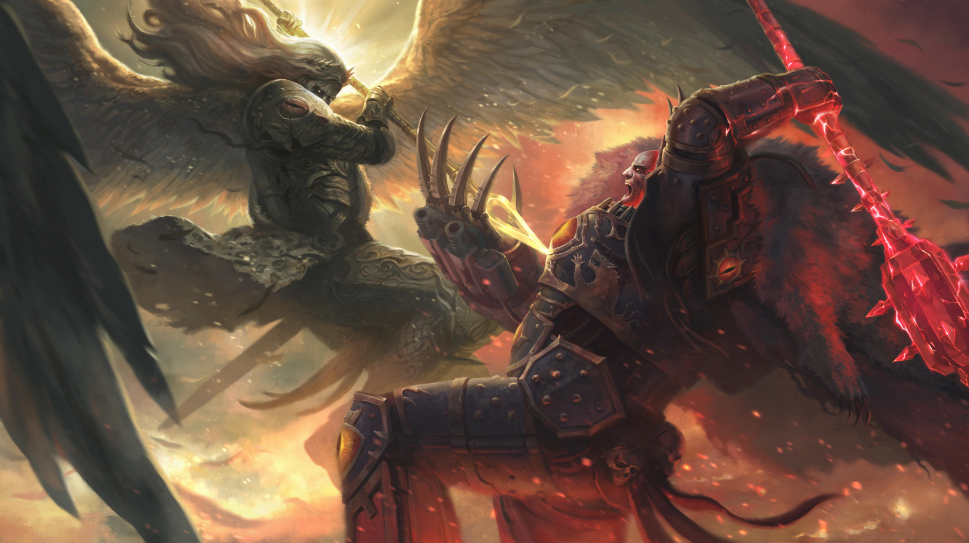 Epic battle scene from Warhammer 40k, featuring armored warriors clashing amid fiery and celestial backdrops in stunning 4K Ultra HD detail for PC desktops.