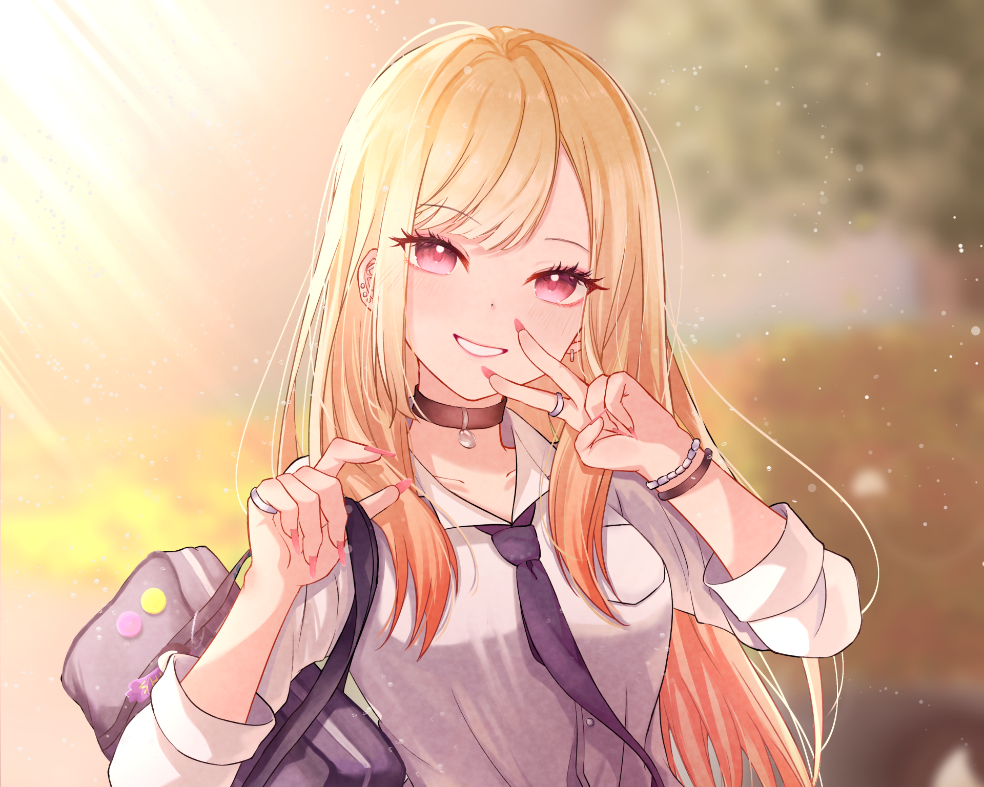 Anime HD desktop wallpaper featuring Marin Kitagawa from My Dress-Up Darling, showcasing her bright smile and casual outfit in warm, glowing sunlight.