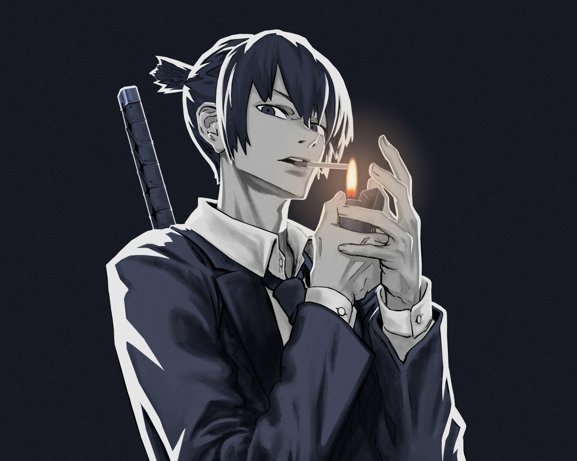 Aki Hayakawa from Chainsaw Man, monochrome portrait lighting a cigarette — 2K Quad HD anime PC desktop wallpaper/background.