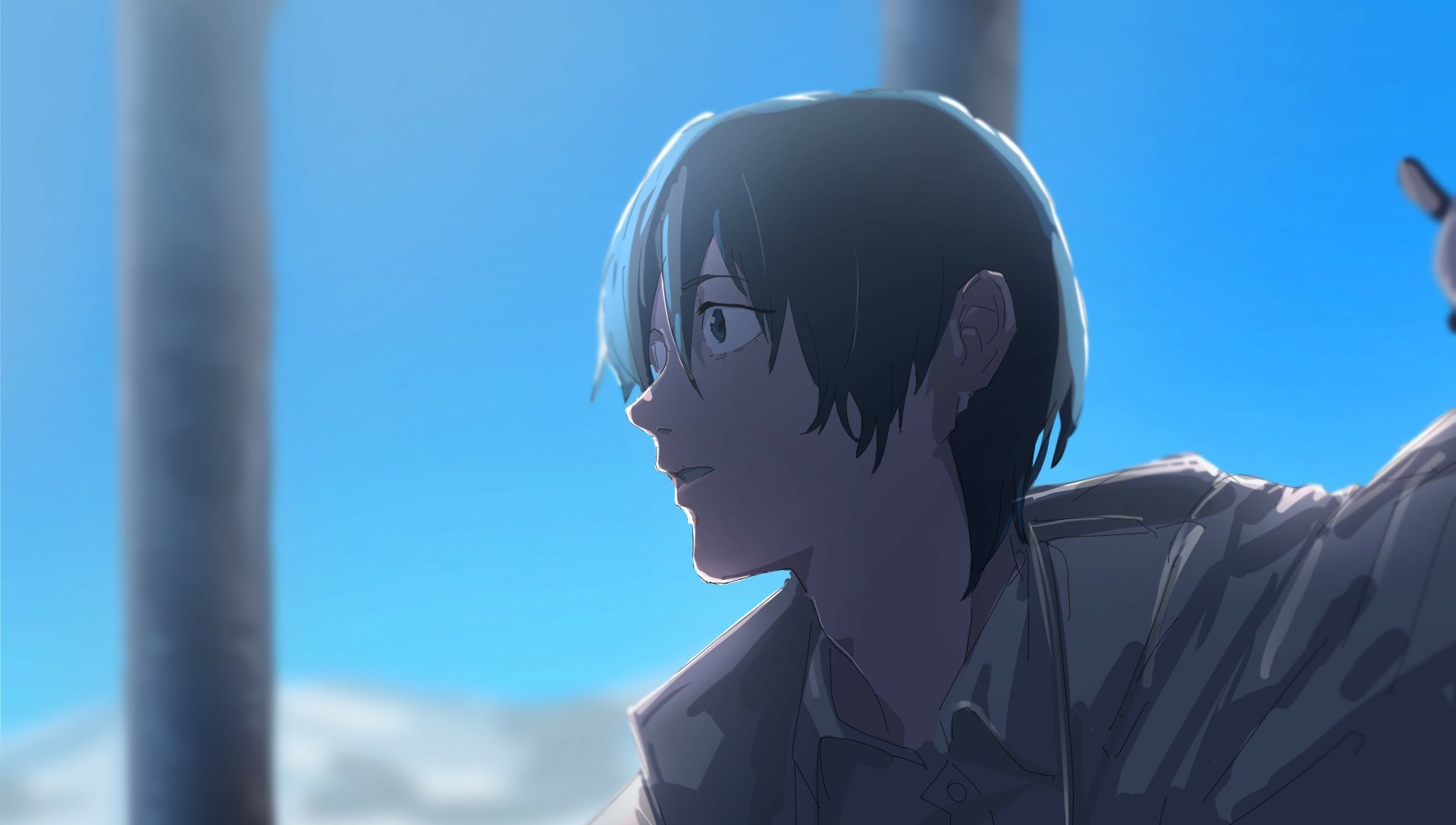 Aki Hayakawa (Chainsaw Man) in soft side-profile against a bright blue sky — 4K Ultra HD anime PC desktop wallpaper.