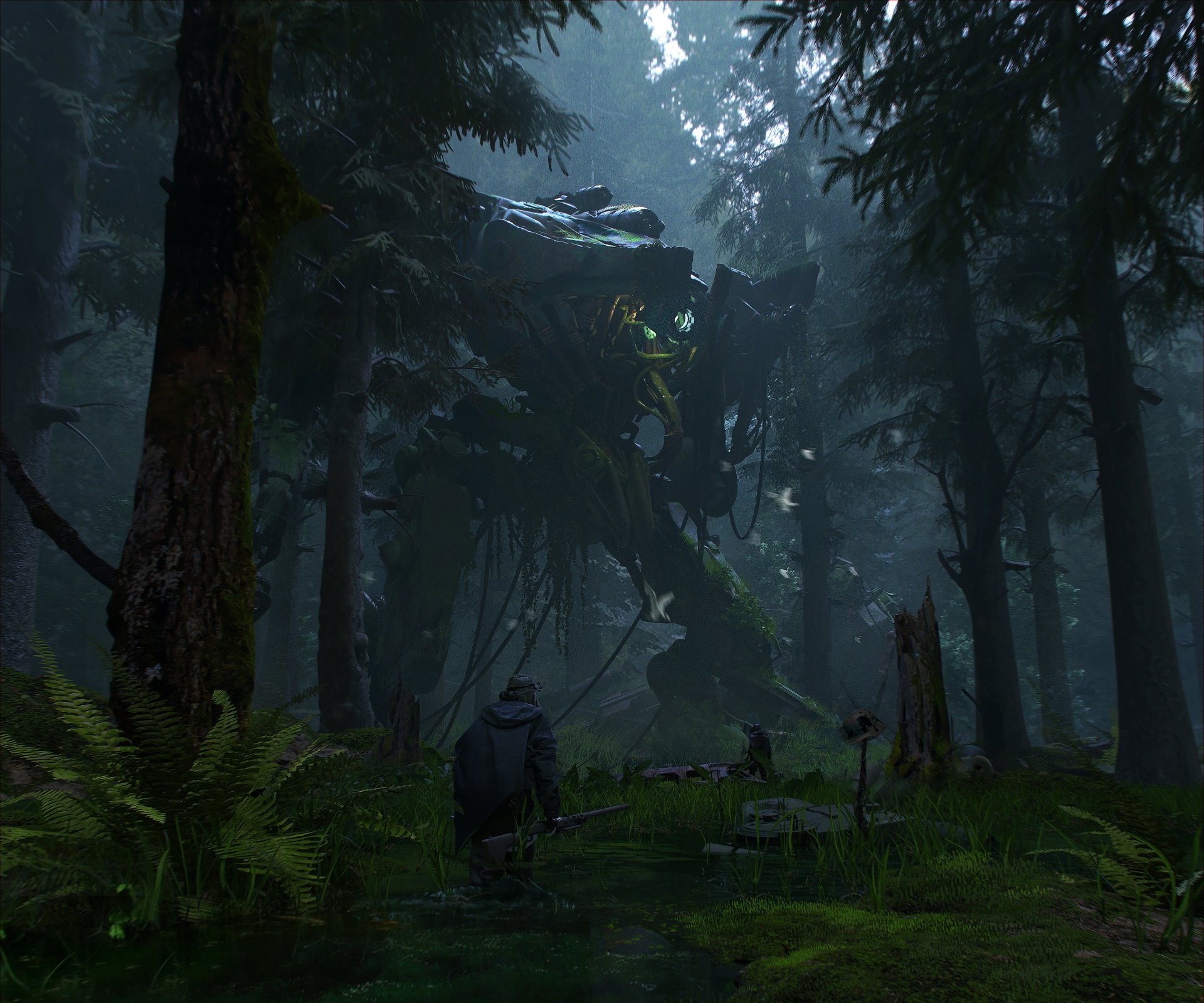 Sci‑fi 4K Ultra HD PC desktop wallpaper/background: a lone figure in a misty forest faces a towering, vine‑covered robot while a glowing craft hovers overhead.