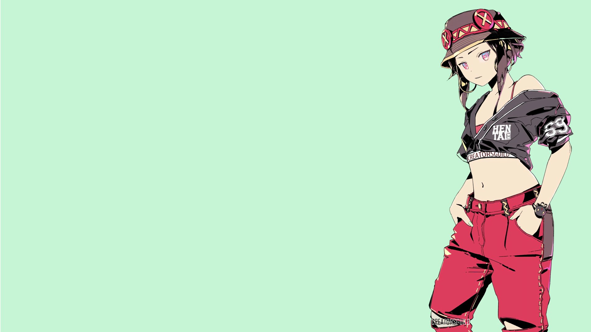 4K Ultra HD anime wallpaper of Megumin from KonoSuba: God’s Blessing on This Wonderful World!!, featuring her in a modern outfit against a light green background.