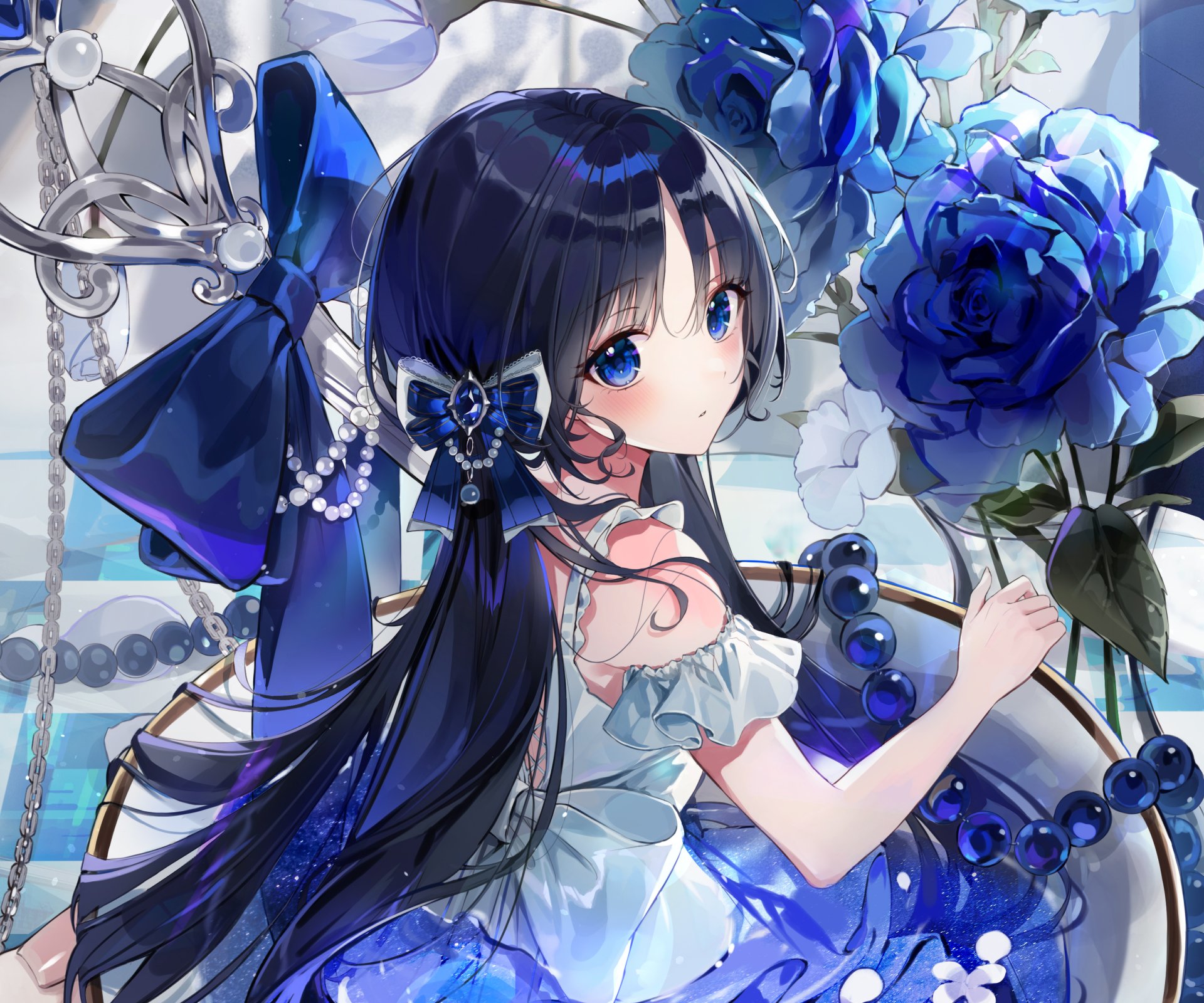 Anime girl with long dark hair, blue eyes, ribbon and pearl accessories, holding a large blue rose amid ornate beads — HD PC desktop wallpaper/background.