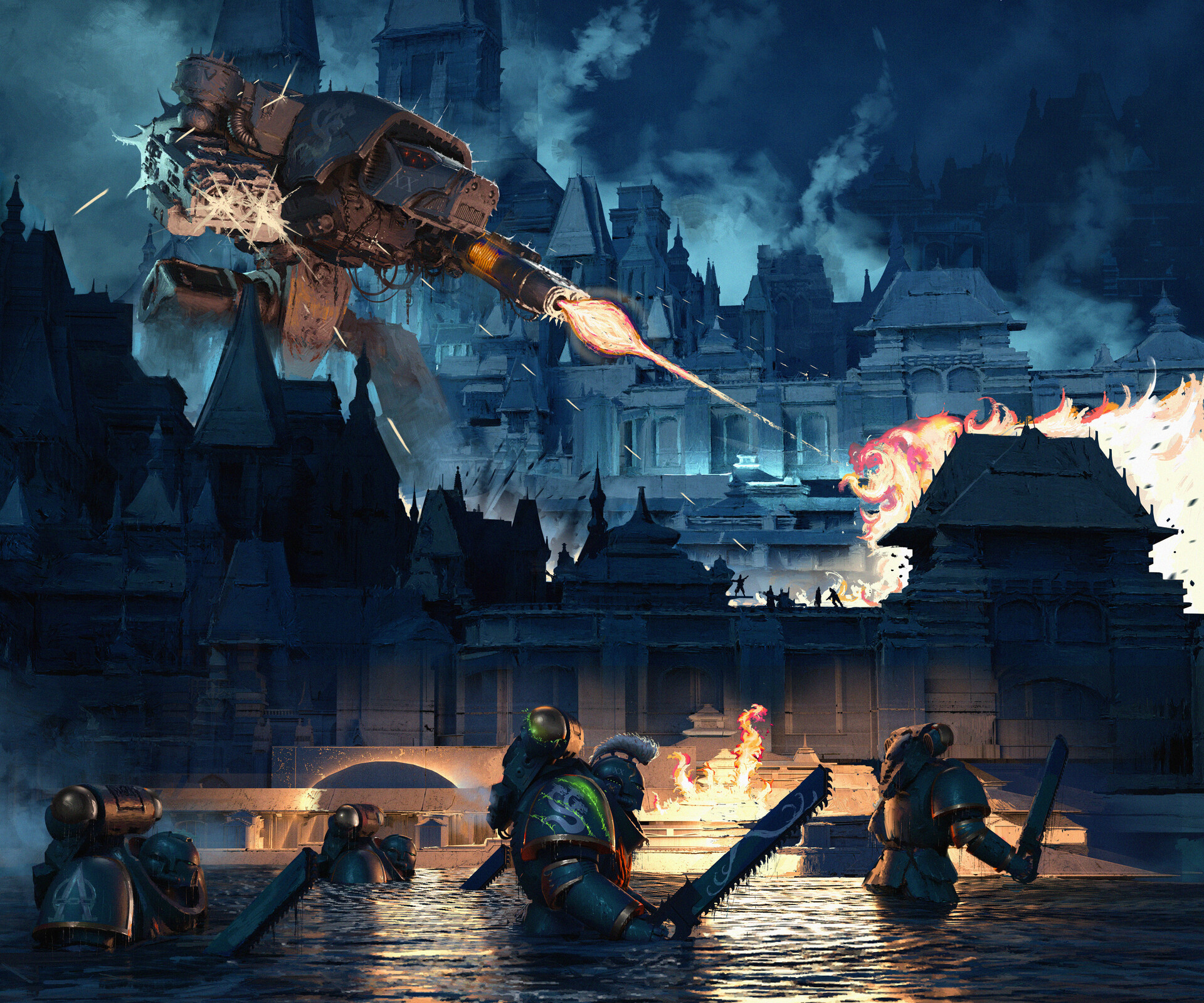 HD PC desktop wallpaper featuring an intense Warhammer 40k battle scene with armored soldiers and a fiery mechanical dragon amid a dark, fortified cityscape.
